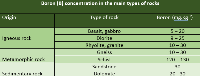 Boron concerntration in the main types of rocks