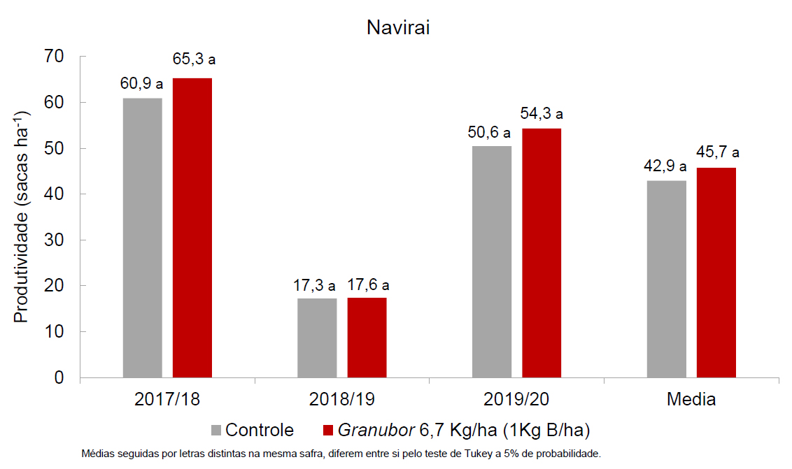 Gráfico de resultados do ensaio de soja em Naviraí